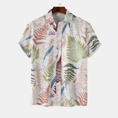Casual plus size non-stretch plants leaf print new short sleeve shirt