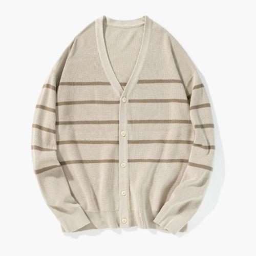 Casual plus-size stretch knit striped loose sweater jacket size run small