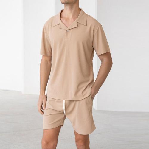 Casual plus size slight stretch waffle fabric polo shirt breathable shorts set