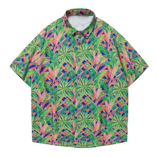 Beach style plus size slight stretch leaf batch printing shirt size run small