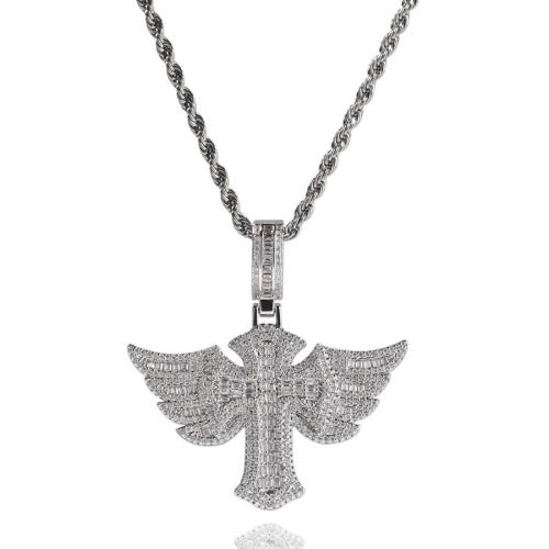 One pc stylish hip hop rhinestones angel wings cross pendant copper necklace