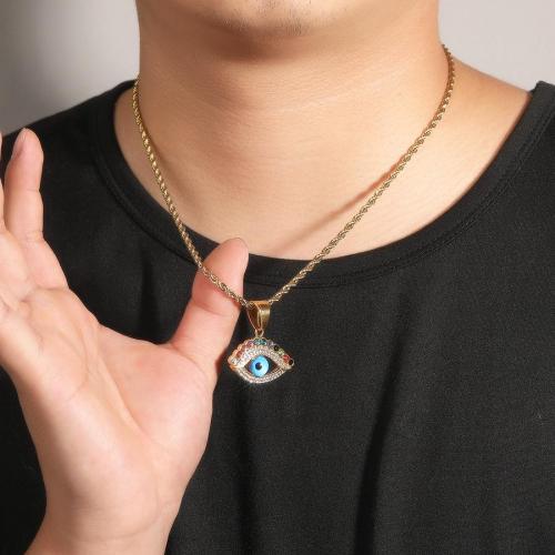 One pc hip hop colorful rhinestone eyes pendant stainless steel necklace