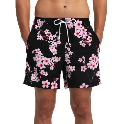 Men casual flower printing tie-waist pocket with lined beach shorts