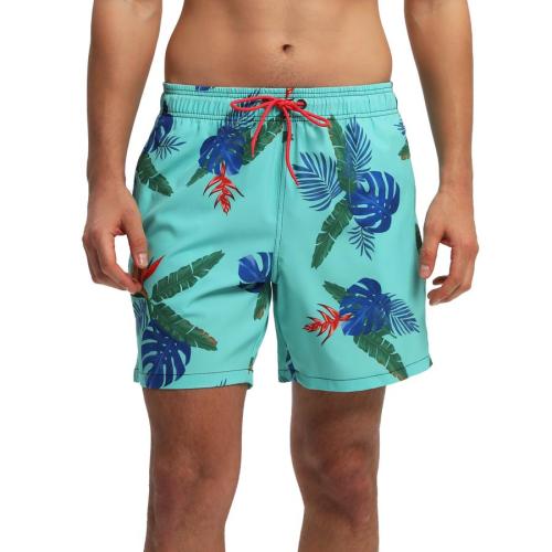 Casual leaf printing tie-waist pocket with lined beach shorts