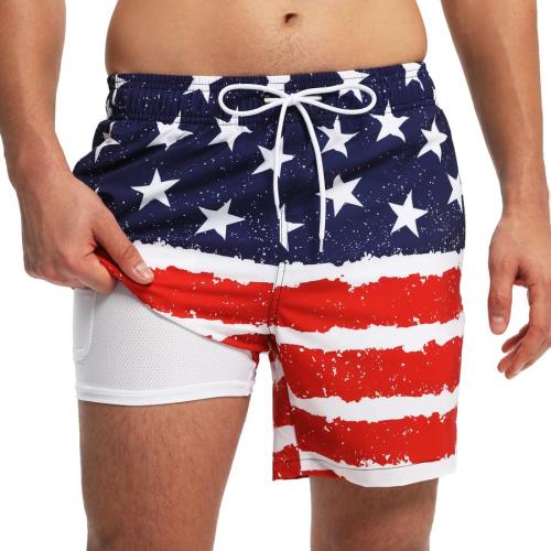 American flag printing casual tie-waist pocket with lined beach shorts