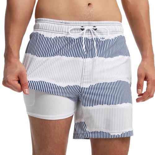 Stylish stripe printing tie-waist pocket with lined beach shorts