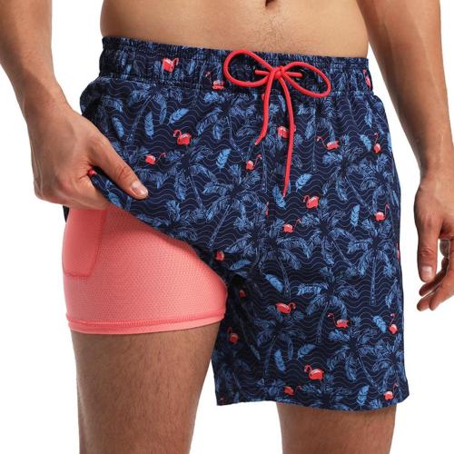 Stylish flamingo printing tie-waist pocket with lined beach shorts