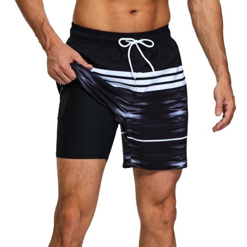 Stylish streak printing tie-waist pocket with lined beach shorts