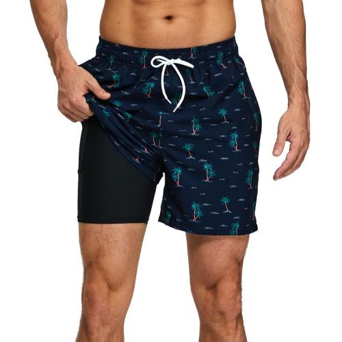 Stylish coconut tree printing tie-waist pocket with lined beach shorts