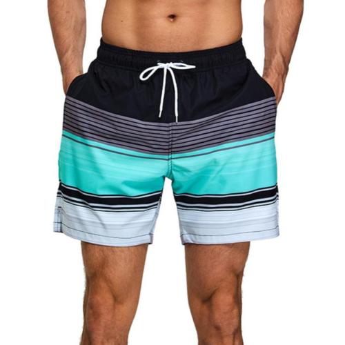Stylish stripe printing tie-waist pocket with lining beach shorts