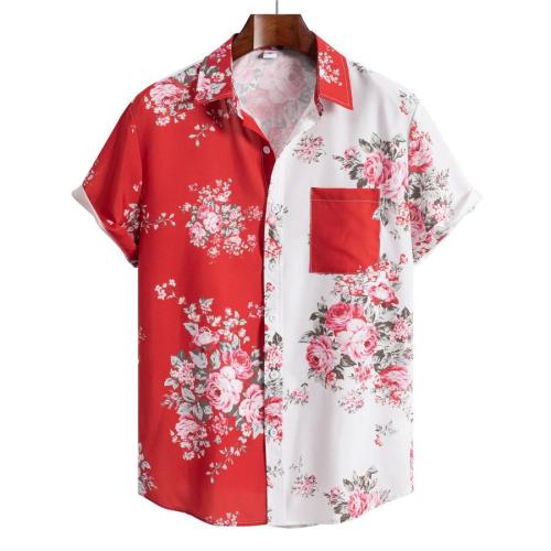 Casual plus size non-stretch flower batch printing contrast color shirt