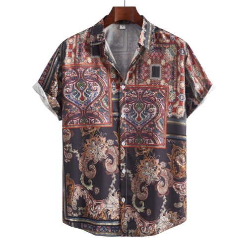 Casual plus size non-stretch single breasted paisley batch printing shirt