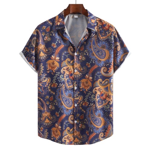 Casual plus size non-stretch single breasted paisley batch printing shirt#1