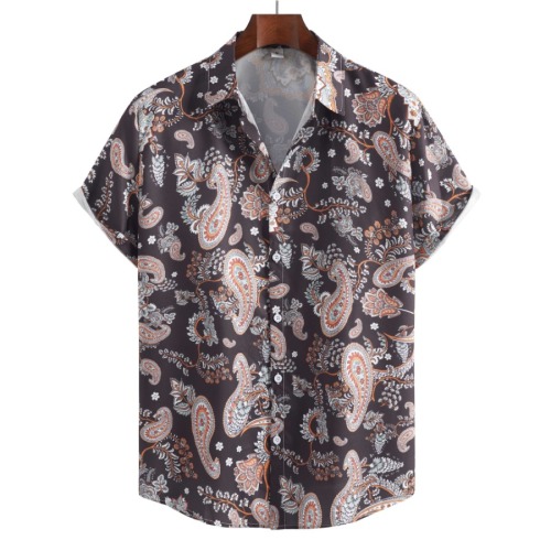 Casual plus size non-stretch single breasted paisley batch printing shirt#4