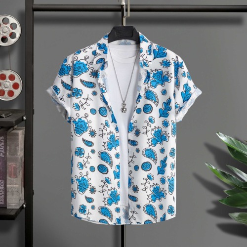 Casual plus size non-stretch retro printed single-breasted short-sleeved shirt#4