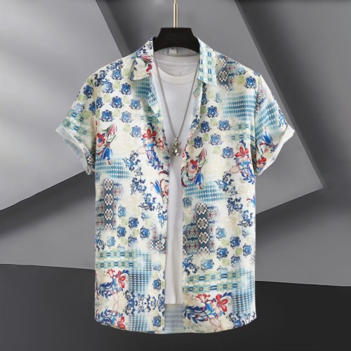 Casual plus size non-stretch retro printed single-breasted short-sleeved shirt#5