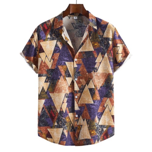 Casual plus size non-stretch retro printed short-sleeved linen shirt