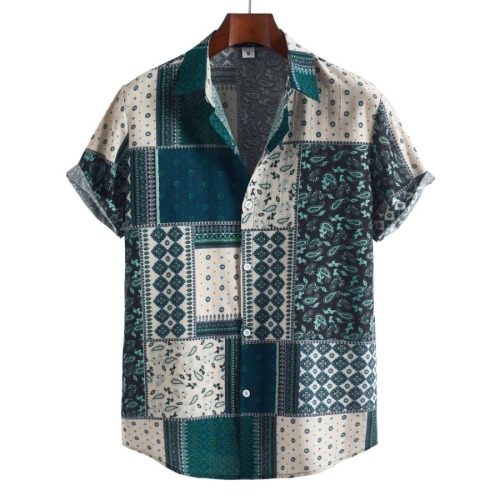 Casual plus size non-stretch retro printed short-sleeved linen shirt#1