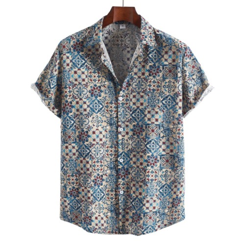 Casual plus size non-stretch retro printed short-sleeved linen shirt#2