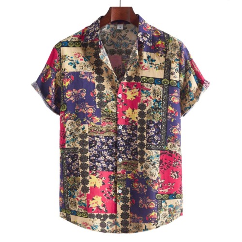 Casual plus size non-stretch retro printed short-sleeved linen shirt#6