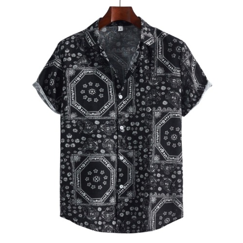 Casual plus size non-stretch retro printed short-sleeved linen shirt#7