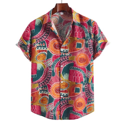 Casual plus size non-stretch retro printed short-sleeved linen shirt#8