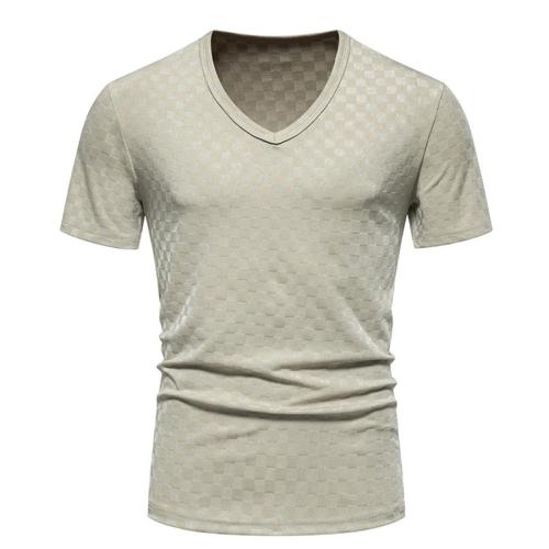 Casual plus size slight stretch plaid jacquard v-neck short sleeves t-shirt
