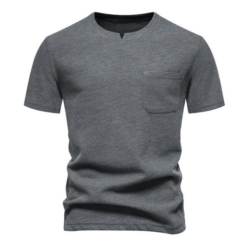 Casual plus size slight stretch solid color pocket v-neck simple t-shirt