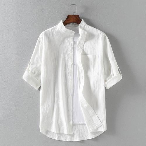 Casual plus size non-stretch simple solid color three-quarter sleeve linen shirt