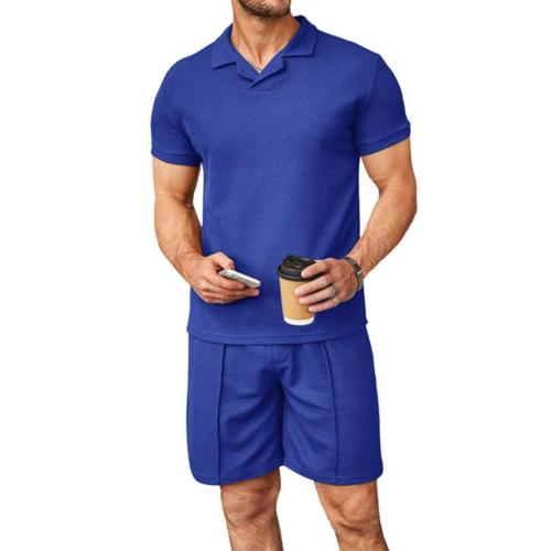 Casual plus size slight stretch solid color waffle fabric polo shirt shorts set