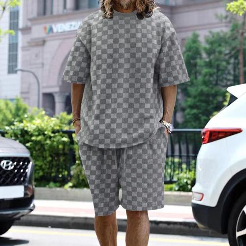 Casual plus size slight stretch jacquard checkerboard loose shorts set