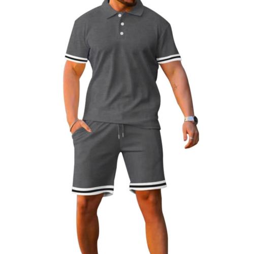 Casual plus size slight stretch striped printed polo shirt shorts set