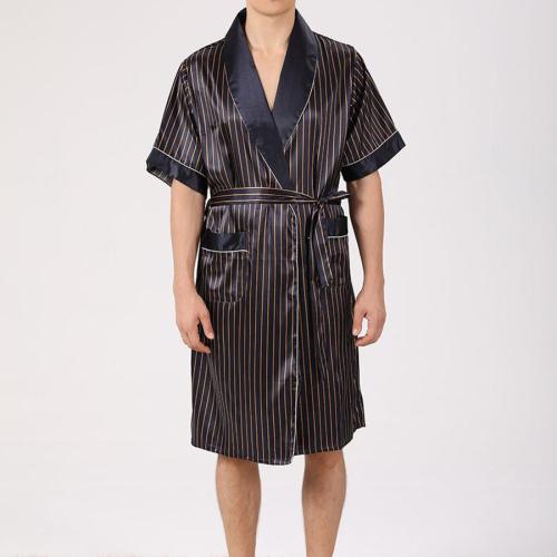 Casual plus size non-stretch stripe printing imitation silk belt thin nightgown