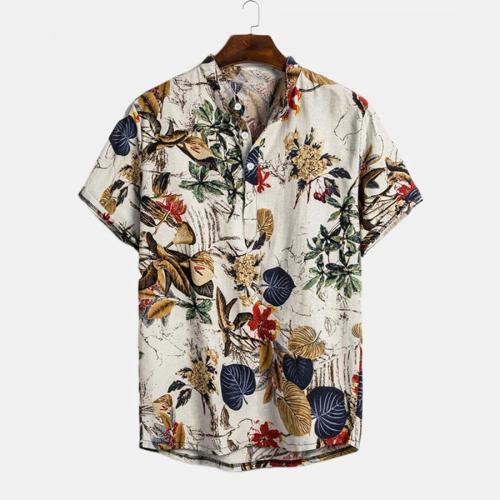 Casual plus size non-stretch plant flower print cotton linen shirt