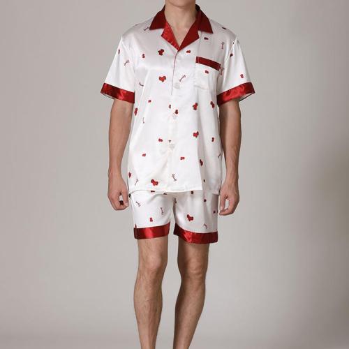 Casual non-stretch imitation silk heart print shorts set loungewear