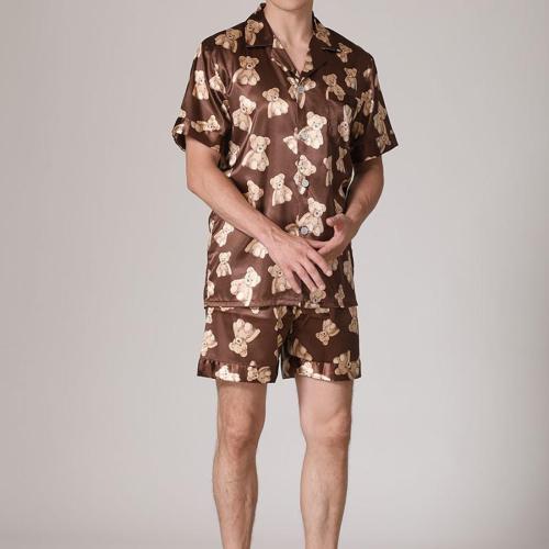 Casual non-stretch imitation silk bear print shorts set loungewear