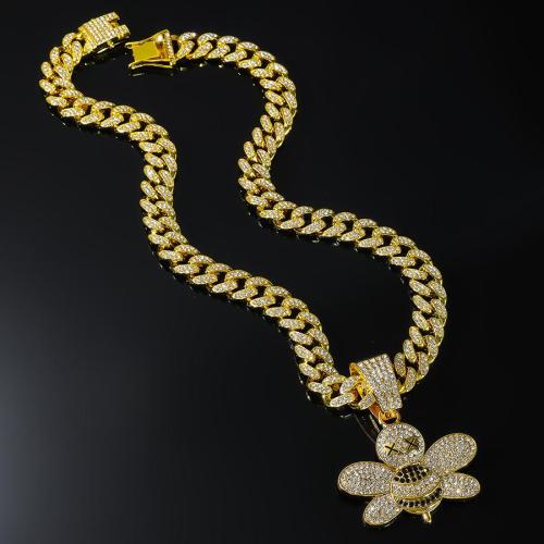 One pc hip hop rhinestones bee pendant alloy necklace (length:50cm)