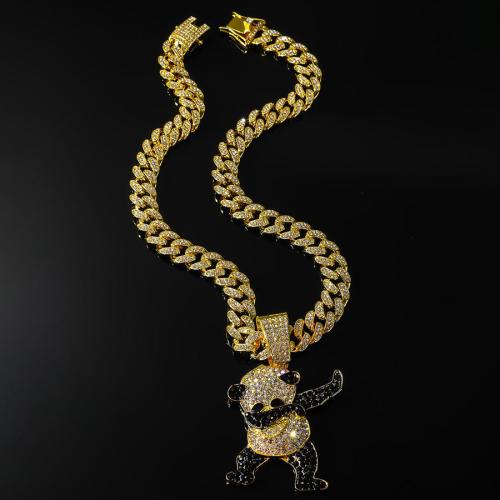 One pc new rhinestones cartoon panda pendant alloy necklace (length:50cm)