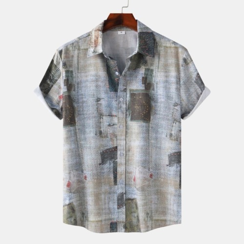 Casual plus size non-stretch printed single breasted short sleeve shirt#2