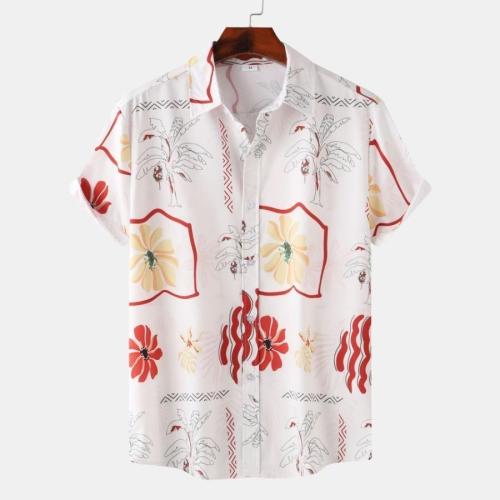 Casual plus size non-stretch printed single breasted short sleeve shirt#3