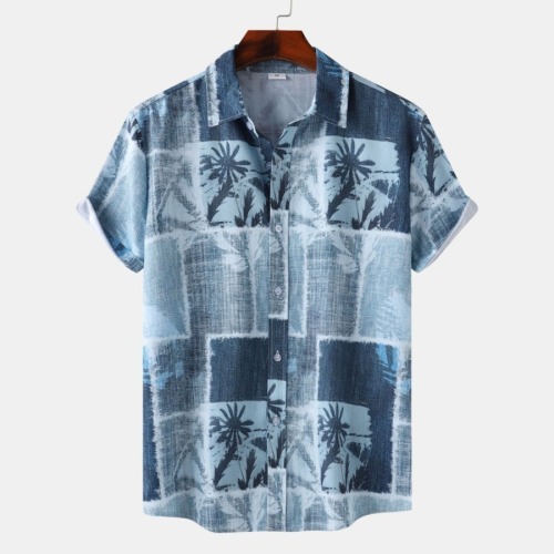 Casual plus size non-stretch printed single breasted short sleeve shirt#4