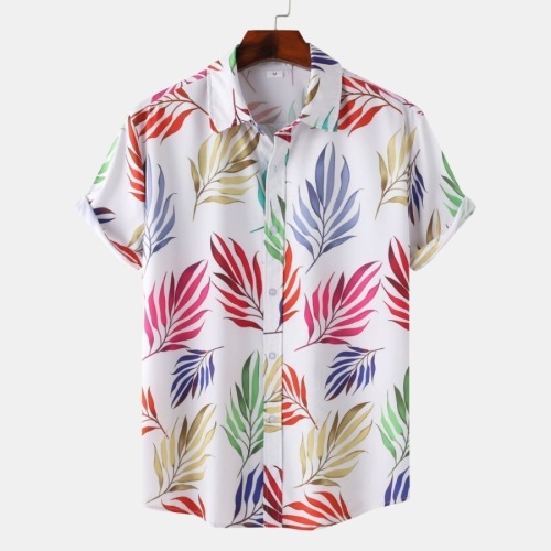 Casual plus size non-stretch printed single breasted short sleeve shirt#6