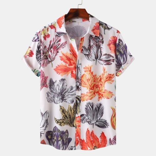 Casual plus size non-stretch printed single breasted short sleeve shirt#7