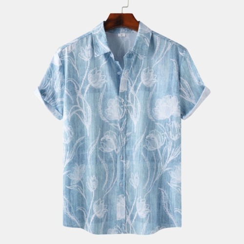 Casual plus size non-stretch printed single breasted short sleeve shirt#10