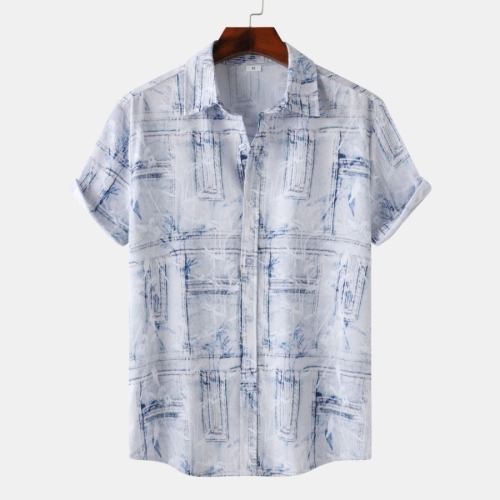Casual plus size non-stretch printed single breasted short sleeve shirt#11