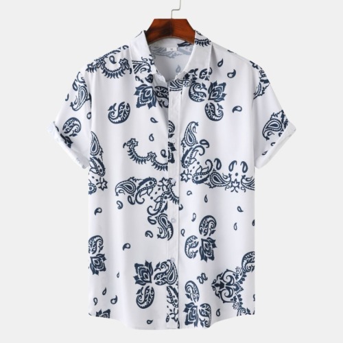 Casual plus size non-stretch printed single breasted short sleeve shirt#12