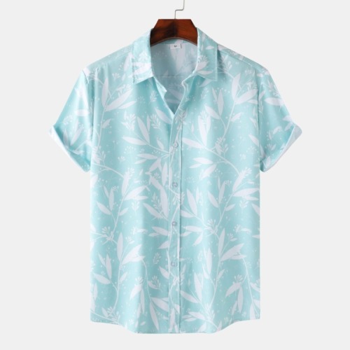 Casual plus size non-stretch printed single breasted short sleeve shirt#13
