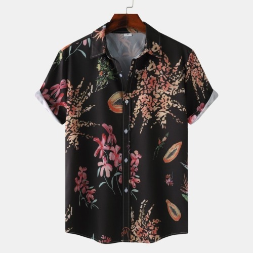 Casual plus size non-stretch printed single breasted short sleeve shirt#18