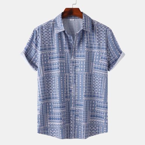 Casual plus size non-stretch printed single breasted short sleeve shirt#19