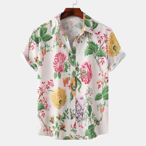 Casual plus size non-stretch printed single breasted short sleeve shirt#21
